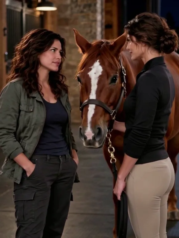 Two women stand with a chestnut horse in a lantern-lit stable